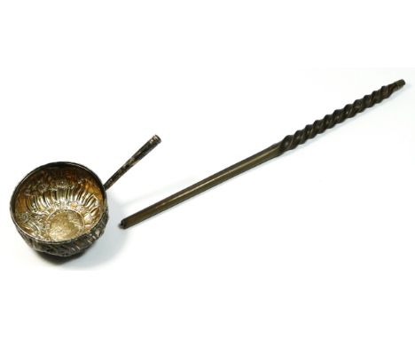 A George II silver toddy ladle, unmarked, inset with a George II silver coin, whalebone handle, detached, bowl 33gm, 33cm 