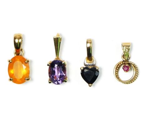 Four 9ct gold pendants, ruby, sapphire, fire opal and amethyst, 2.2gm 