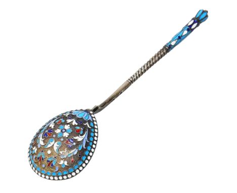 Silver spoon with a spiral-shaped handle in enamel and gilding, richly decorated with enamel in the form of flowers and folia