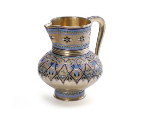 Russian silver jug for kvass with gilding, silver and cloisonne enamel, in the neo-Russian style. Master: Antip Ivanovich Kuz