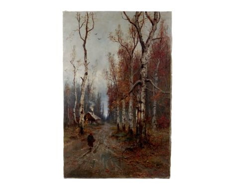 Autumn landscape, view of late autumn, signed by Y. Klever, depicts a long, muddy road in the last days of flying around autu