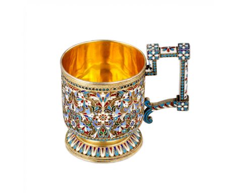 Finely crafted silver glass holder with patterned enamel decor in the neo-Russian style. Silver 88. Moscow. 1899-1908 Master: