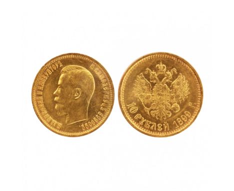 Gold coin 10 rubles 1899 Description of obverseIn the center is a profile portrait to the left of Emperor Nicholas II. On the