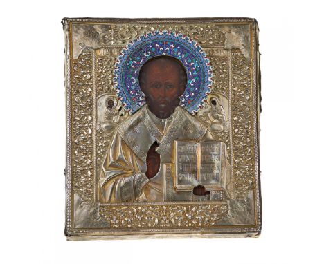 Icon of St. Nicholas the Wonderworker in a silver setting with an enamel crown by Egornov Semyon Matveyevich . Wood, gesso, t