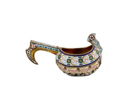 Silver ladle with painted and cloisonné enamels. With the theme of delicate flowers, on a soft turquoise color. Russia Moscow