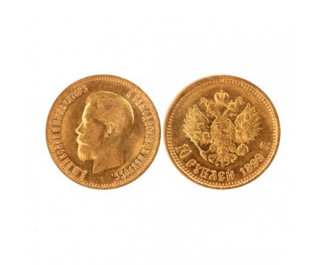 Gold coin 10 rubles 1899&nbsp;Description of obverseIn the center is a profile portrait to the left of Emperor Nicholas II. O