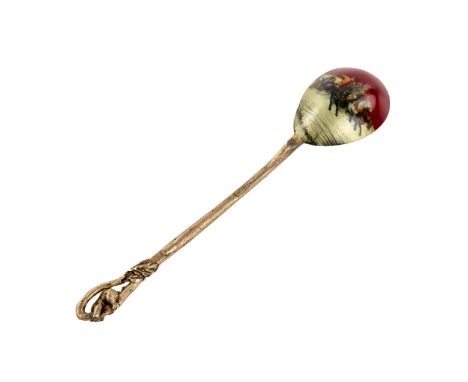 Russian silver spoon with a bright, painted composition on enamel - Troika. The handle of the spoon is made in the form of a 