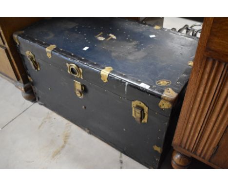 A vintage luggage trunk, labelled for L Mc Brine Co Ltd, Kitchener Canada, approx. dimensions W92 D49 H54cm