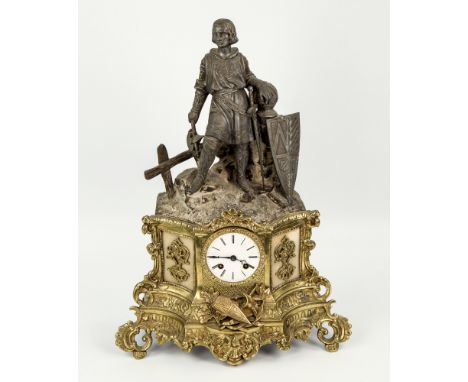  A gilt and spelter figural mantle clock early 20th century, by Pickard of Paris, the spelter figure of Joan of Arc in full b
