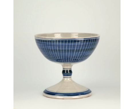  Alan Caiger-Smith - a studio pottery ceramic comport half globe body with blue ground and vertical white line decoration, on