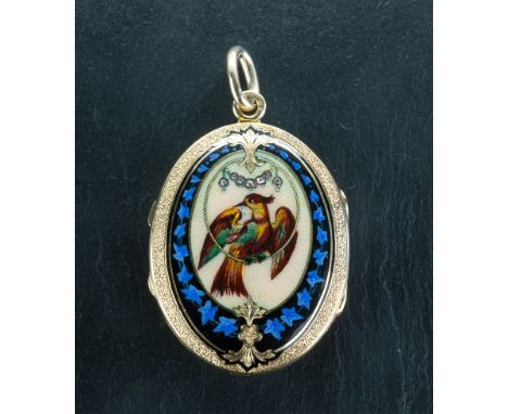  A fine 19th century 18ct gold, enamel and diamond locket possibly Russian, oval, decorated in enamel with a bird on a swing 