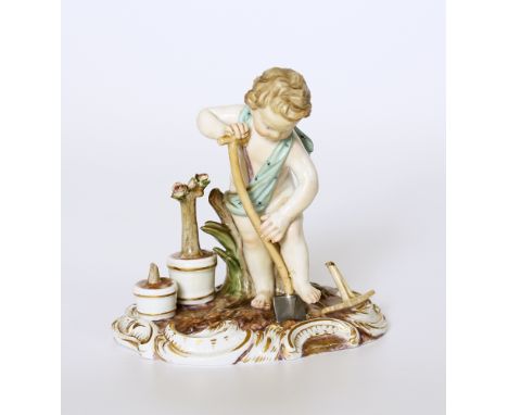 A Meissen porcelain figure of a cherub gardener late 19th / early 20th century, underglaze blue factory mark and incised G100