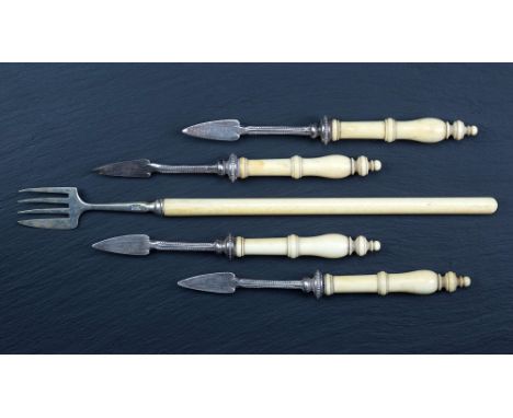  A Victorian silver oyster fork George Unite, undated, with elongated ivory handle, 8in. (20.25cm.) long, together with a set