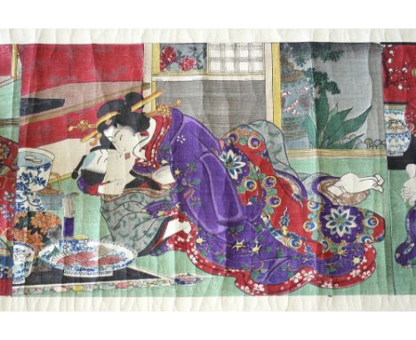 A Japanese shunga scroll probably Meiji period, coloured woodblocks on paper depicting twelve couples in erotic embraces, on 