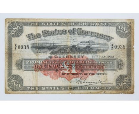  A scarce States of Guernsey 1933 one pound banknote 26th July 1933, white paper with Castle Cornet pictorial, no. K/Z 0938, 