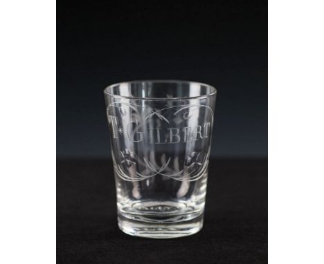  An early 19th century tumbler of hunting interest circa 1810-20, the bowl engraved 'T. Gilbert' with stylised rose, the base