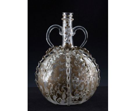  A Northern-European blown glass flask possibly late 17th century, probably Dutch, the neck with single dentil ring, etched f