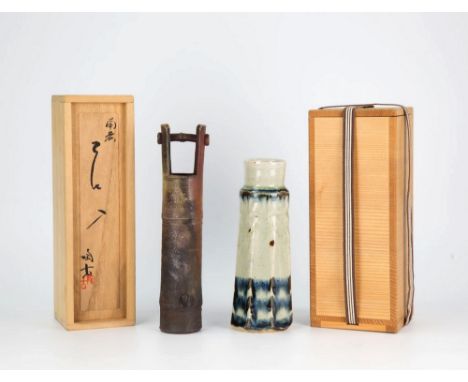  Two Japanese ceramic flower vases (hana-ire) by Kato Shunto (1916-2005) one of thin cylindrical form, fashioned as a piece o