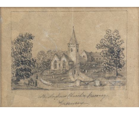  Naftel School (British, mid-19th century) 'St Andrews Church & Parsonage, Guernsey' pencil sketch heightened with white on b