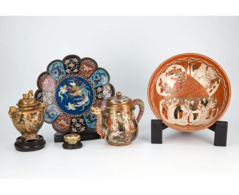  A group of Japanese Satsuma items comprising a bowl with figural decoration, panels of blooms and topographical scenes to in