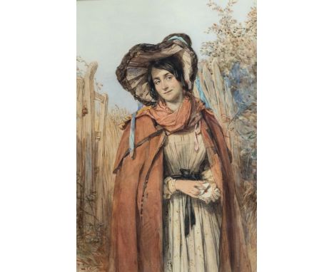  Octavius Oakley (British, 1800-1867) Study of a young gypsy girl dressed in scarlet cloak and black bonnet, her hands riflin