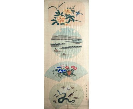  A 19th century Chinese fan painting in watercolour on silk, exhibiting four separate studies of fan designs, the first depic