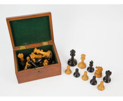  A Jaques Staunton pattern weighted boxwood and ebony chess set early 20th century, the white king stamped 'Jaques London', i