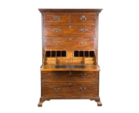  A good George III and later secretaire chest on chest the dentil cornice over two short and three long graduated drawers, wi