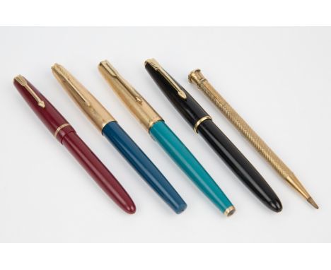  Four Parker fountain pens comprising a turquoise 61, a dark blue 51, a maroon Slimfold and a black Slimfold; together with a
