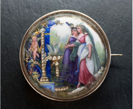  A 19th century gold and enamel brooch the circular, convex brooch with a glazed enamelled panel, accented with seed pearls, 