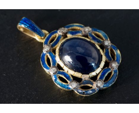  An antique gold, enamel, cabochon sapphire and diamond pendant c.1900, the oval sapphire within an interlaced enamelled open