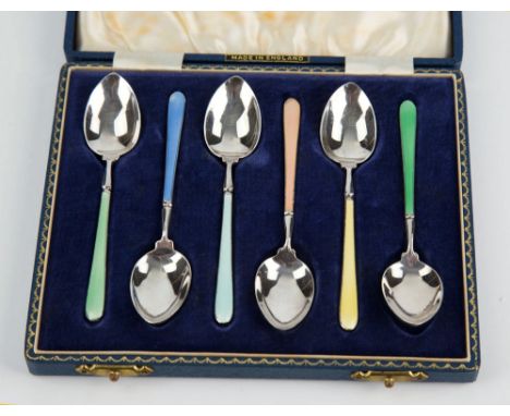  A cased set of six Elizabeth II silver and enamel coffee spoons Henry Clifford Davis, Birmingham 1960, with guilloche handle