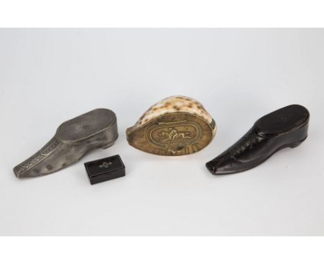  Horse racing interest - a cowrie shell snuff box brass top with inset hinged lid with embossed pictorial of a racehorse and 