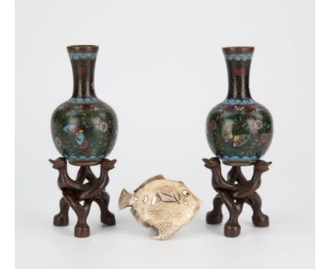  A pair of Japanese miniature cloisonné bottle vases late 19th century, decorated with butterflies and chrysanthemums on a da