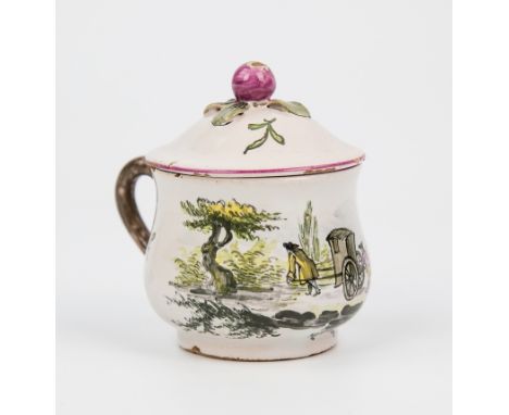 A French 18th /19th century faience custard cup by Veuve Perrin, of compressed ovoid form, domed lid with berry finial and fl