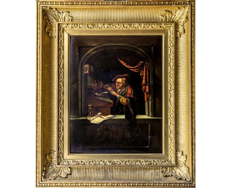  Follower of Gerrit Dou (Dutch, Leiden 1613-1675) The Scribe Master oil on convex copper panel, inscribed indistinctly to old