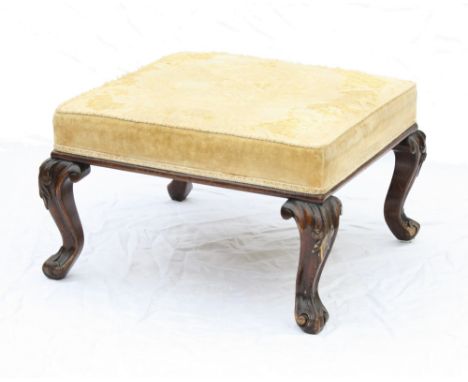  A 19th century carved walnut square stool the moulded frame on foliate and scroll carved cabriole legs, the stuff over seat 