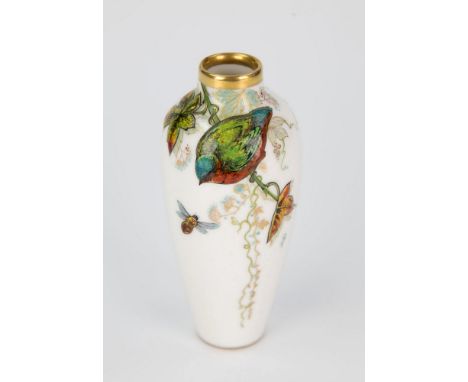  A Limoges enamelled porcelain vase early 20th century, of elongated ovoid form with applied relief enamel depicting bird on 