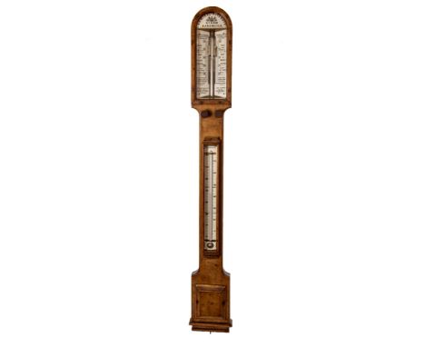  A Victorian mid-oak Admiral Fitzroy's Storm stick barometer by Negretti & Zambra, with mercury cistern tube, arched enamel d