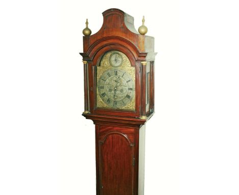  A late 18th century mahogany eight day longcase clock with bell strike four pillar movement, the arched brass dial with silv