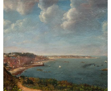  F. Reed (British, mid-19th century) 'South Pier Shipyard and St Peter Port, Guernsey, from Fort George (c.1840)' oil on canv