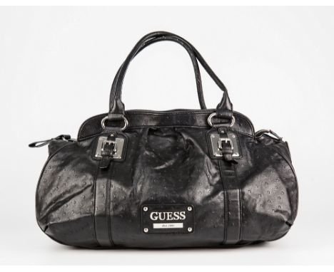  A designer handbag by Guess black ostrich skin, hobo shoulder bag, leather patch with Guess in seperate metallic letters wit