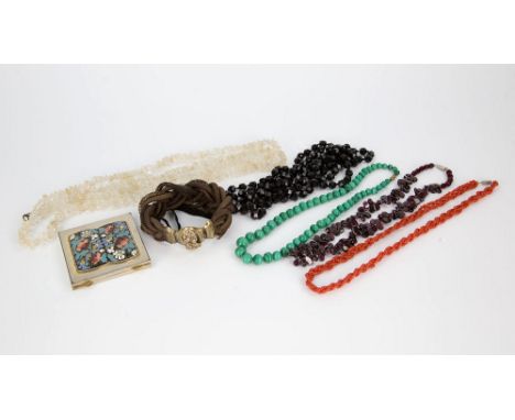  A box of vintage bead necklaces including crystal, malachite, jet-style glass glass, garnet and coral style glass, together 