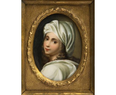  A German porcelain oval portrait plaque late 19th century, painted with a bust portrait of Beatrice Cenci after Guido Reni, 