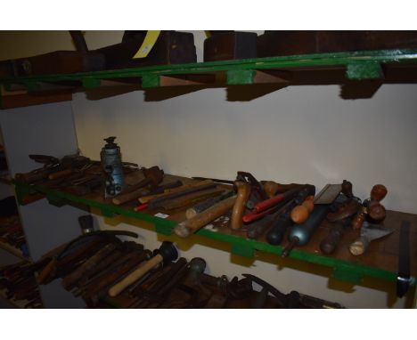 Shelf of Assorted Tools, Hammer, Plane, Grease Gun, etc.