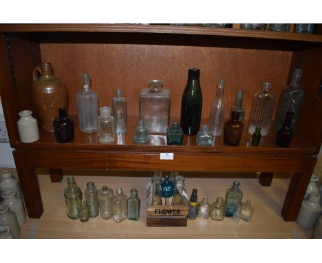 Shelf and Undershelf of Various Glass Bottles ~33 total