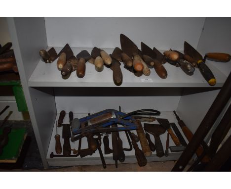 Two Shelves of Trowels, Screwdriver, Chisels, Tyre Pump, etc.