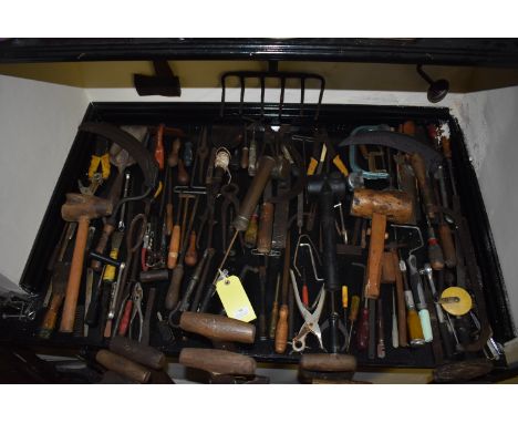 Shelf of Assorted Tools; Pliers, Snips, Mallets, etc.