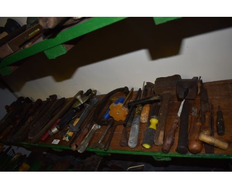 Shelf of Assorted Tools: Stilsons, Drill, Clamp, Wooden Mallet, etc.