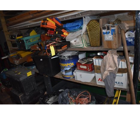 Shelf Containing Bucket and Straps, Box of Assorted Chemicals, Printer, Hand Dryer, etc.  